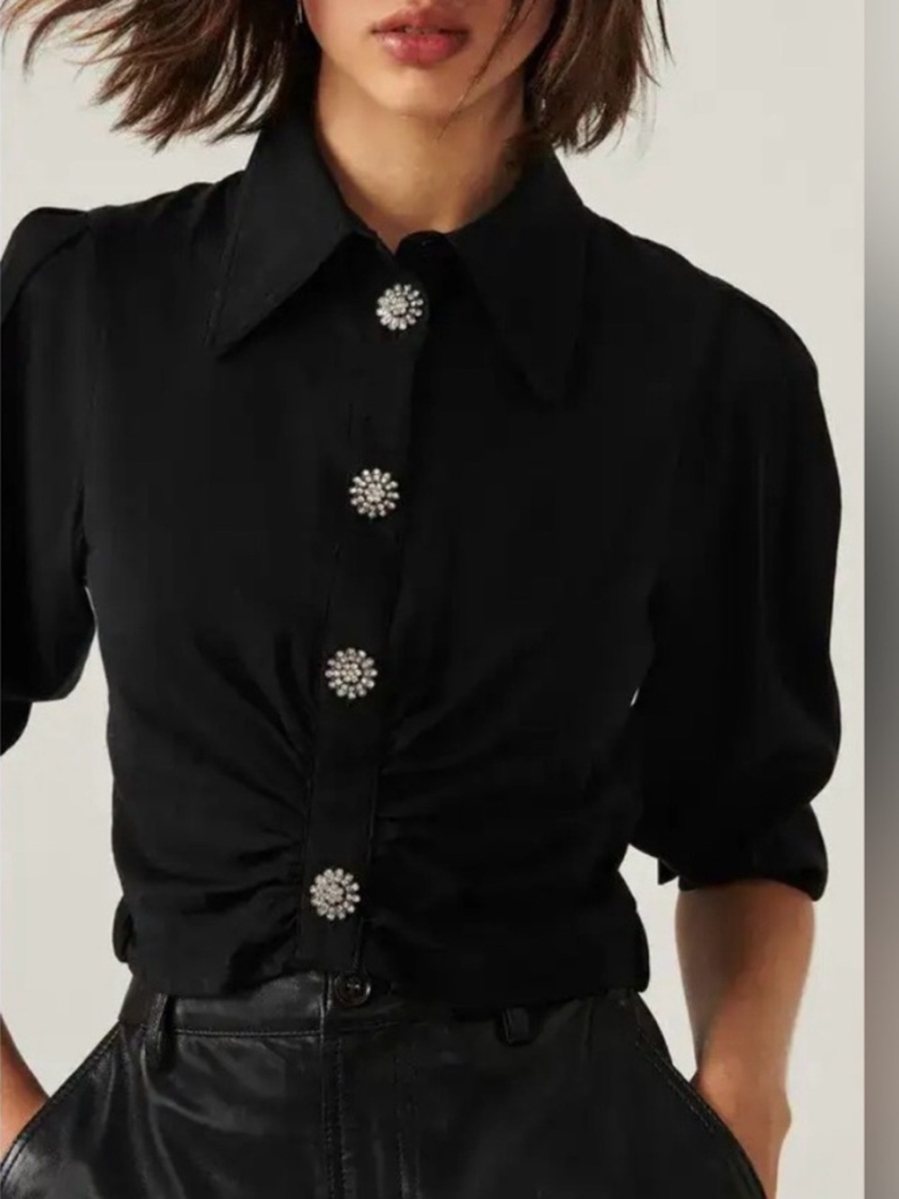 BA&SH Kiss Shirt Black Button-Front Puff Sleeve Top US4 Women’s
